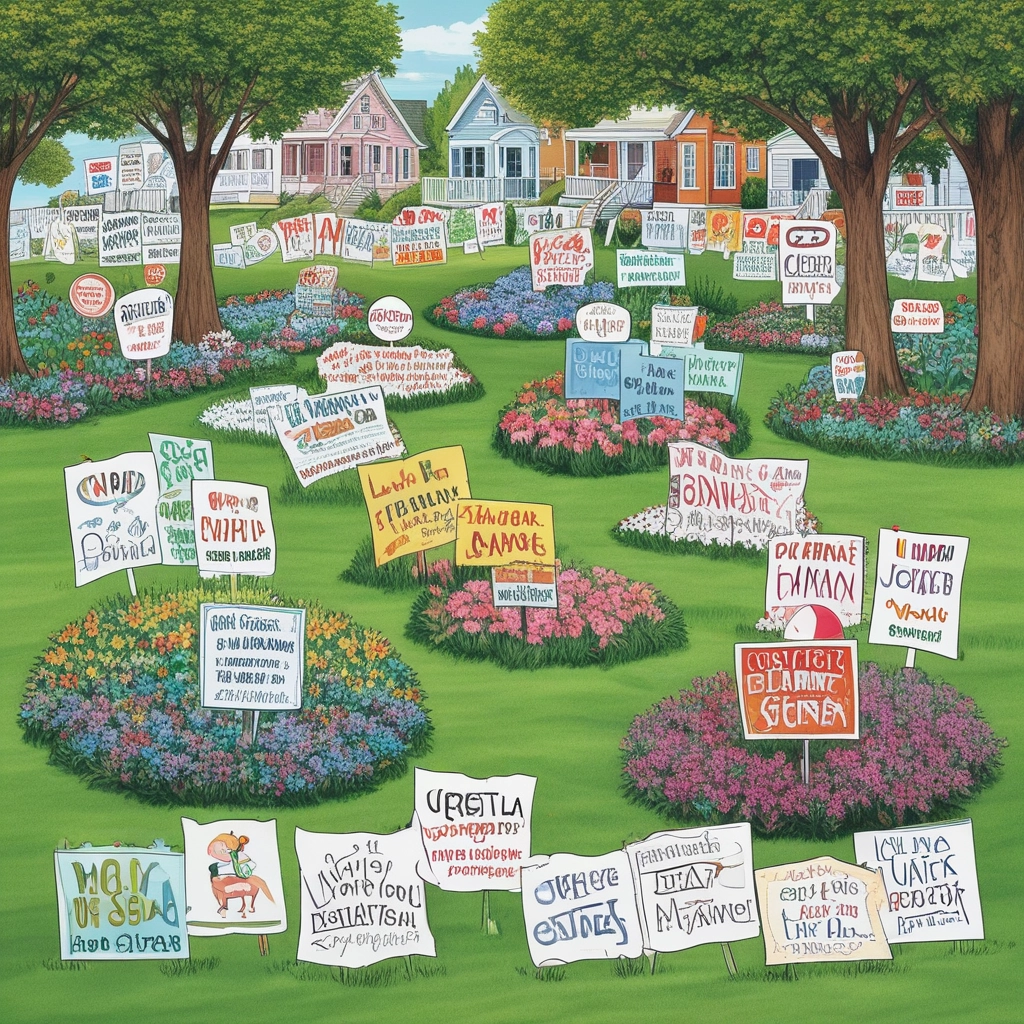 Colorful yard full of signs