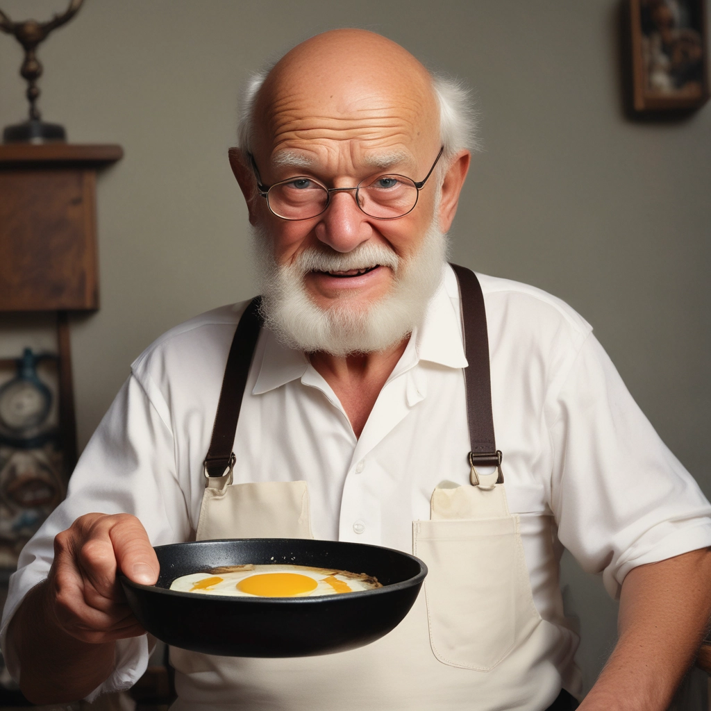 Man holding up frying pan with egg