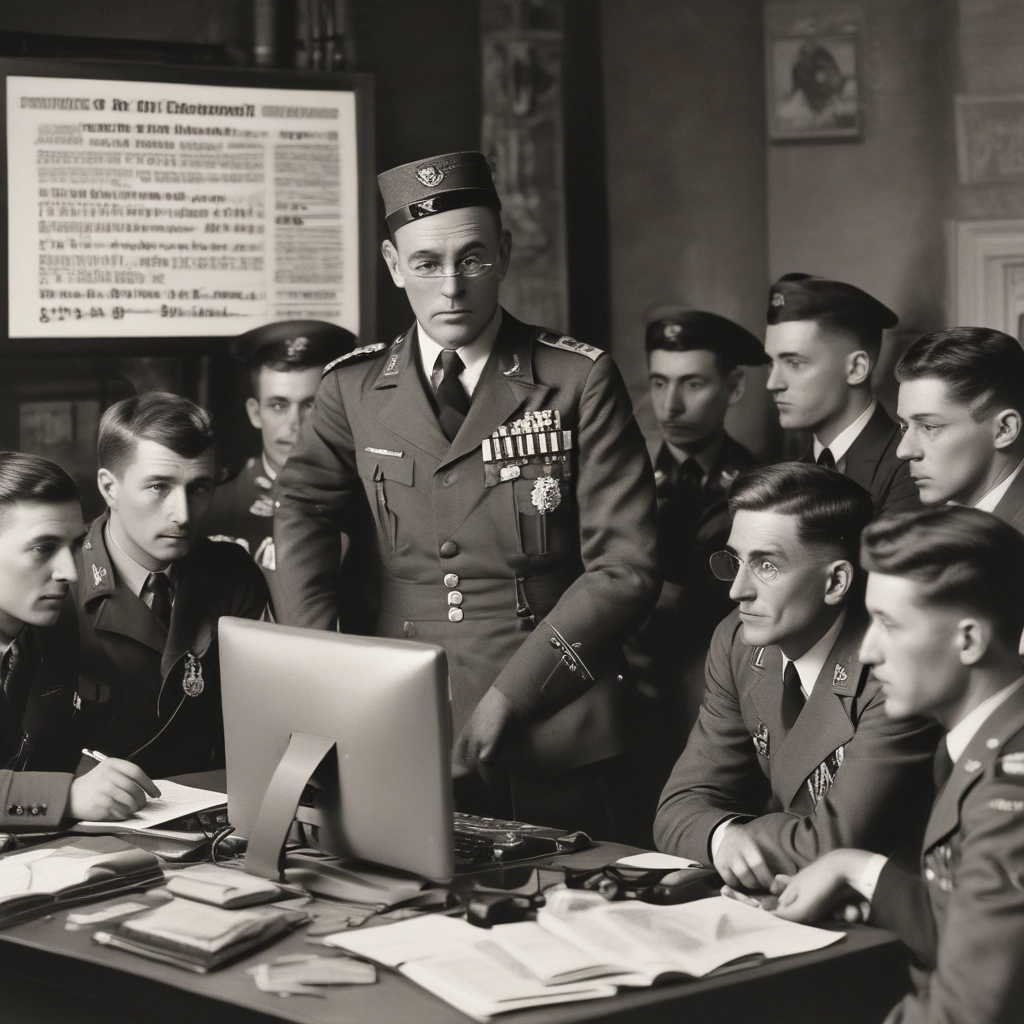 Military men surround computer, waiting for orders.